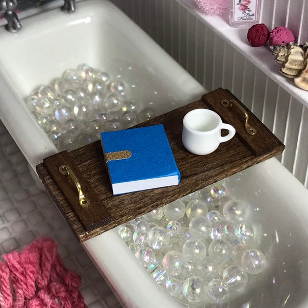 Dollhouse Miniature Bath Tub Tray Caddy w/ Book and Coffee Mug 1” scale 1:12