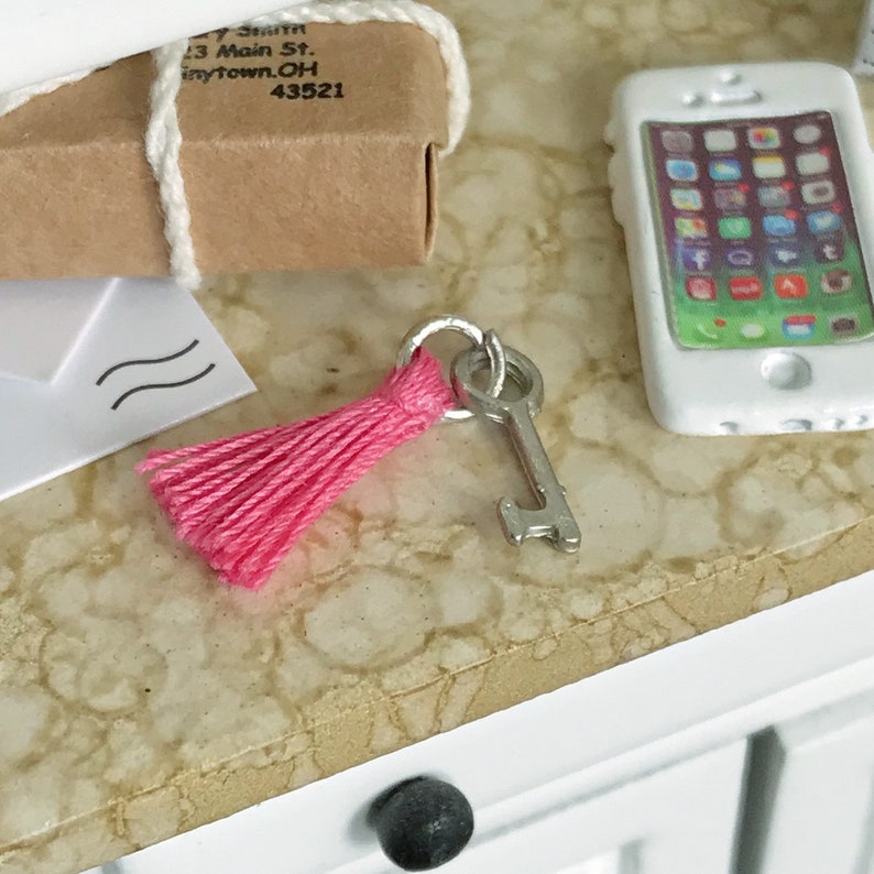 Dollhouse Miniature Silver Key with Pink Tassel Keychain Chain Etsy