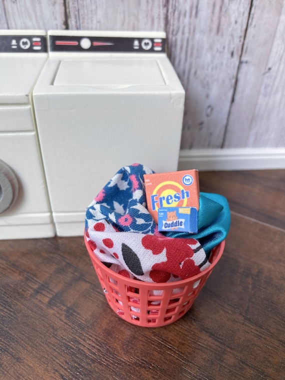 Dollhouse Miniature Laundry Basket With Clothes Detergent Fabric