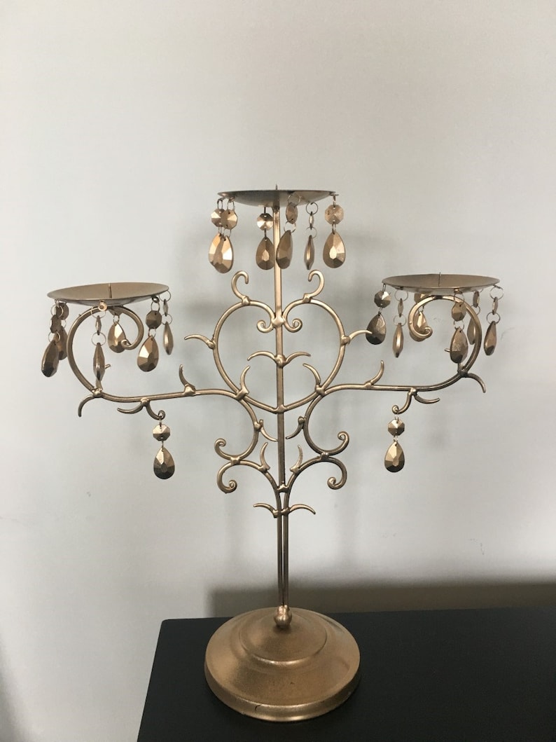 Gold 3 Arm Candelabra Centerpiece With Hanging Crystals Etsy