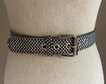 Vintage Bling Belt, Silver and Black Rhinestone style Belt, Zipper Edged Notched Belt with Silver Buckle in size Med 10 - 12
