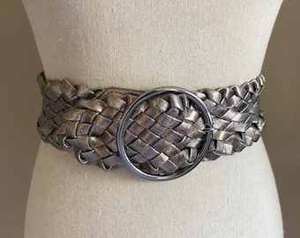 Vintage Braided Pewter Belt, Large Silver Buckle, Adjustable