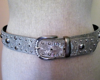 Vintage Silver Bling Belt,Edged silver studs Belt,glitter silver studs Belt,Bling Silver Rhinestones Belt, 5 Notched Belt with Silver Buckle