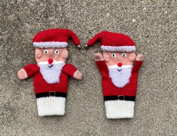 Vintage Santa Mittens, Toddler Mittens, Santa Clause Gloves, Knitted Santa Toddler Mittens