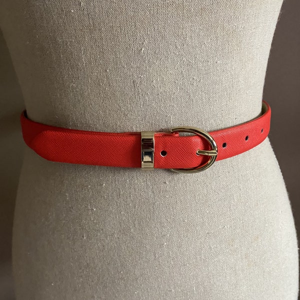 Vintage LG Red Belt, Manmade Bright Red Belt, Adjustable Red Belt with Gold Buckle and 5 one inch Notches