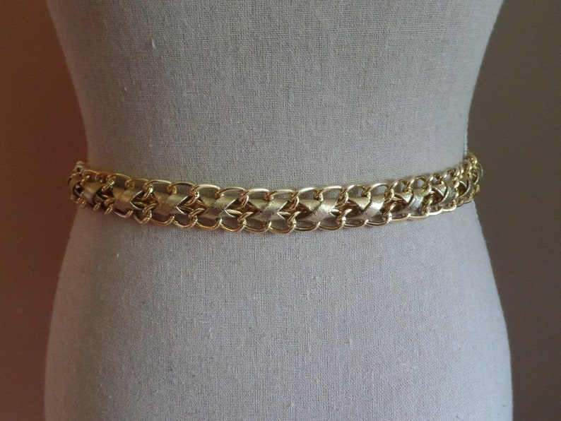Vintage Gold Chain Link Belt, Shiny Gold Belt With Woven Design
