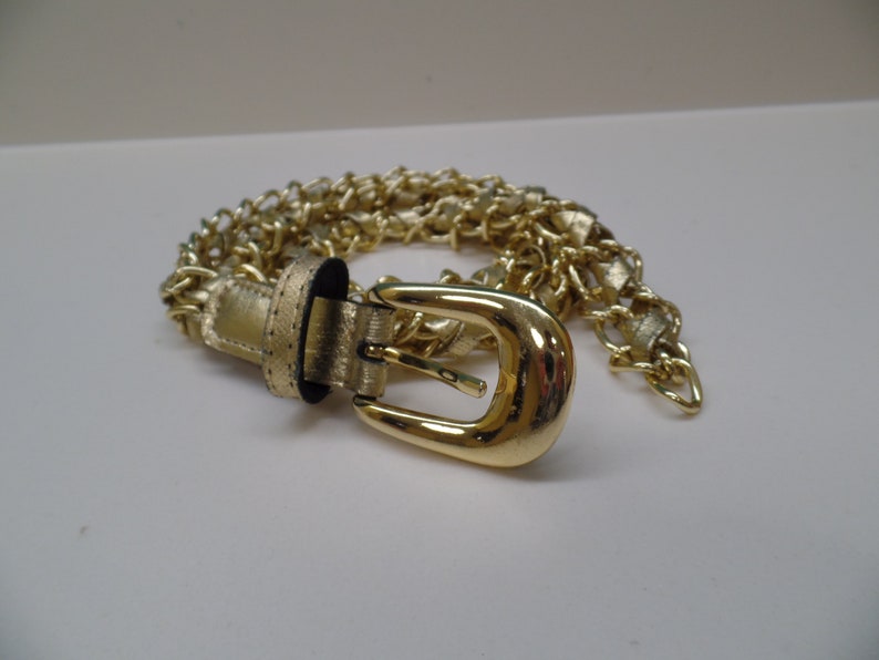 Vintage Gold Chain Link Belt, Shiny Gold Belt With Woven Design