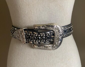 Vintage Rhinestone Western Belt: Black Leather Cowgirl Belt  display picture 3