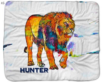 Personalized Lion Fleece Blanket For Adults & Kids. Colorful Warm Sherpa Throw For Grandpa and Dad. Wild Animals Lovers. Jungle Themed Room