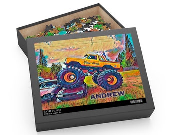 Personalized Monster Truck Jigsaw Puzzle, 252 Pieces Extreme Vehicle Puzzle For Boys, Girls and Adults. 120 Pieces Puzzle With Name and Box