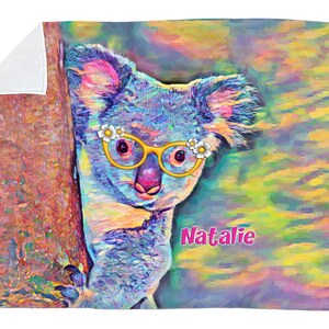 Koala Bear Fleece Throw Blanket For Girls And Adults. Personalized Name Bedding For Animal Lovers. Worm Sherpa Throw for Boys and Kids Room