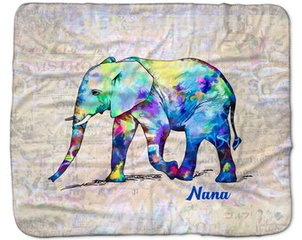 Personalized Colorful Elephant Throw Blanket For Toddlers, Kids & Adults. Elephant Lovers Bed Cover for Birthday Warm Sherpa Throw with Name