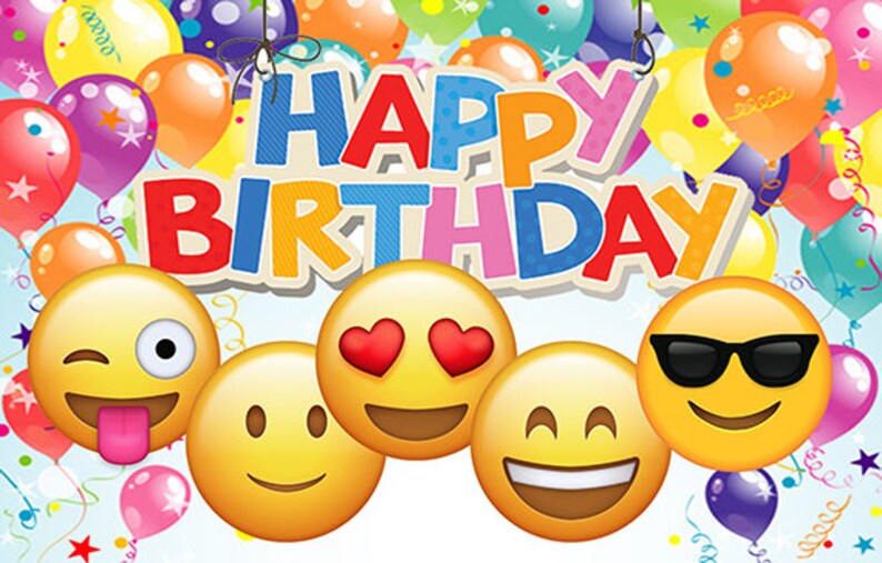 Emoji Printed Birthday Backdrop Banner balloons image 0