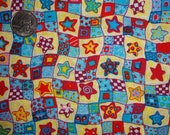 Blue Red Ivory Stars Patchwork Checks Cotton Quilting Fabric BTY by the yard