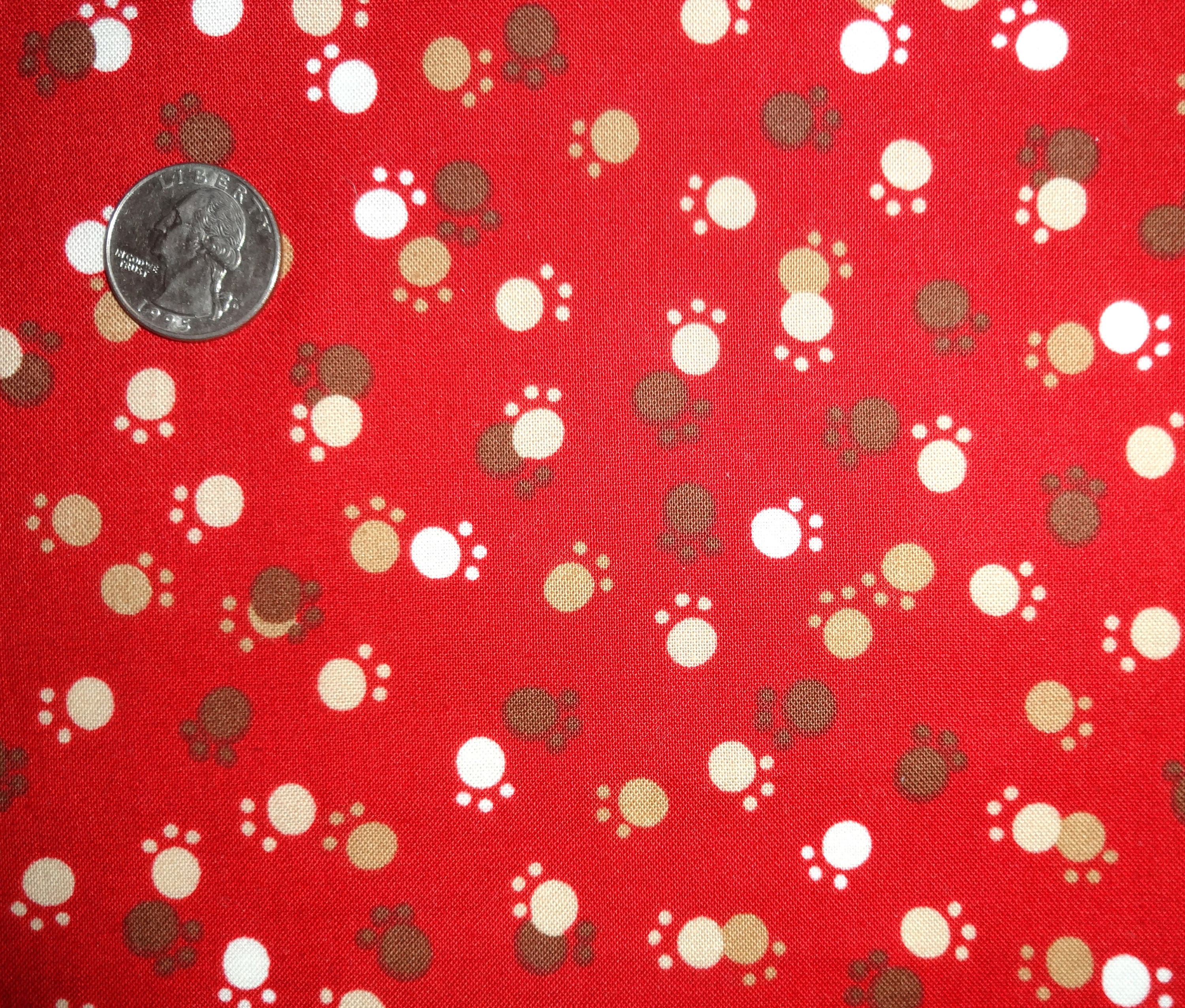 Whiskers and Tails Dog Cat Paw Prints Robert Kaufman Cotton Fabric Red