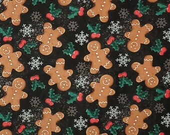 Christmas Gingerbread Man Snowflakes Holly Berries Cotton Quilt Fabric ONE YARD