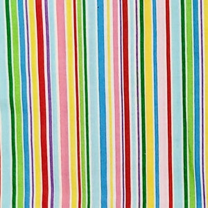 May include: A vibrant fabric with vertical stripes in a rainbow of colors, including red, pink, yellow, green, blue, and purple. The stripes are of varying widths, creating a visually dynamic pattern.