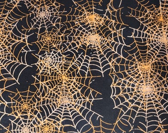 Halloween Black Orange Spider Web Fabric Cotton Quilting BTY by the yard