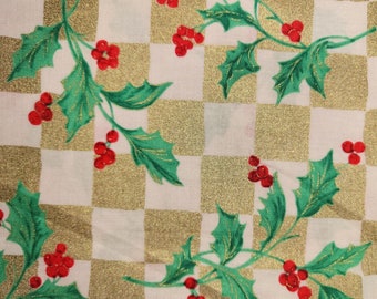 Christmas XMAS Holly on Metallic Gold Vintage Style Springs Creative Cotton Quilting Fabric BTY by the yard