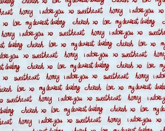 Sealed With A Kiss Script Word Red Laurie Wisbrun Love Kaufman Cotton Fabric 1 YARD