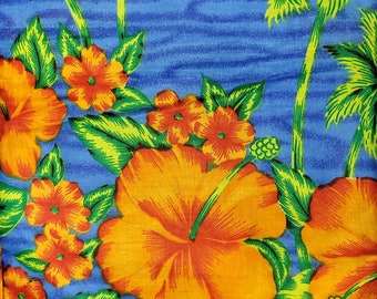 Hawaiian Flowers Floral Hibiscus Palm Trees Island Blue Orange Border Print Cotton Fabric BTY