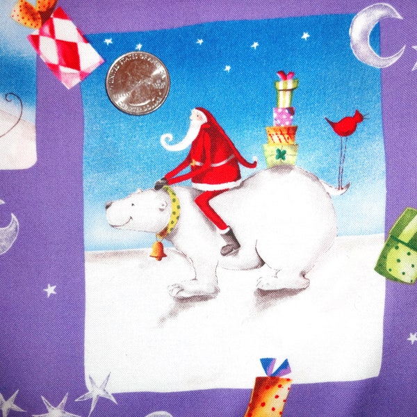 Skiing Santa Christmas XMAS Debbie Taylor-Kerman Purple Cotton Quilting fabric You pick length