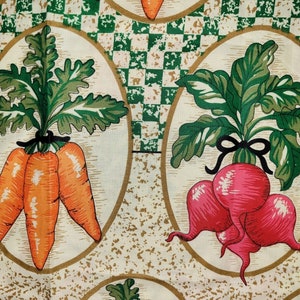 May include: A green and white checkered fabric with two different vegetable motifs. One motif is a bunch of three orange carrots with green leafy tops. The other motif is a bunch of three red radishes with green leafy tops.