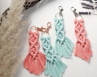 Keychain with braided macrame mermaid tail tassels, wedding favor gift idea