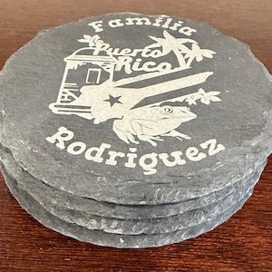 Engraved Puerto Rico slate coaster with the Iconic Moro, Coqui frog and PR flag.