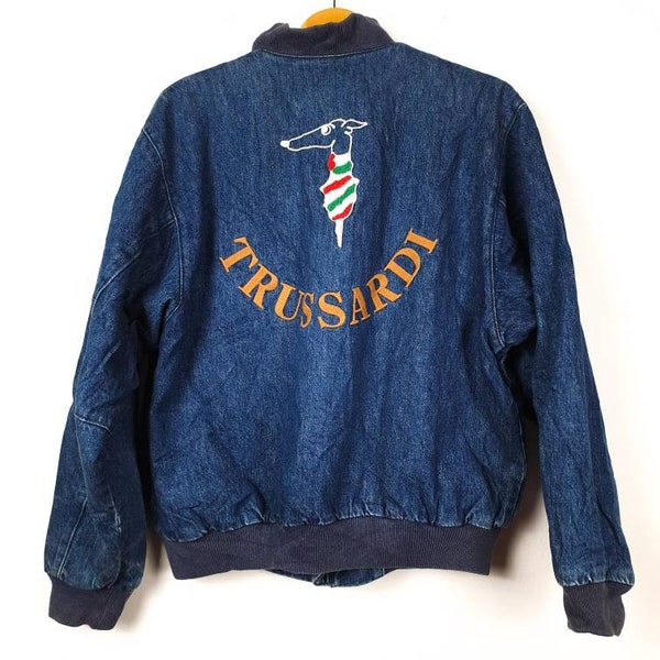 Vintage 90's Rare TRUSSARDI Italian Designer Spellout Trussardi Embroider Trussardi Denim Jeans Jacket Trussardi Bomber Jacket Size Medium