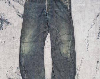 Vintage EDWIN E FUNCTION gedraaide noodlijdende gescheurde jeans Edwin Function donkerblauwe Japanse ruwe denim jeans maat 30 x 30 JB0138