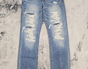 Marca japonesa AZUL de Moussy, vaqueros desgastados, diseño grunge rockero, vaqueros azules descoloridos JB0299, talla 34x33