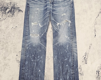 Vintage EDWIN 505 Zx Selvedge Redline Stone Wash Jeans Edwin 505 Zx Distressed Ripped Design Jeans Orange Tabs Blå Jeans Storlek 34x35 JB0346