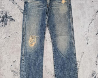 Vintage EDWIN 503R Faded Distressed Ripped Jeans Edwin 503 Stone Wash Faded Blue Grunge Rockers Jeans Size 34x33 JB0144