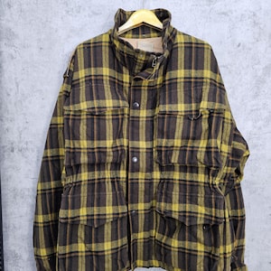 Vintage Japanese Brand Wool Checked Flannel Jacket Plaid Checked Lumber Hunting Outdoor Detective  Yellow Multi Pocket Coat Jacket J0049