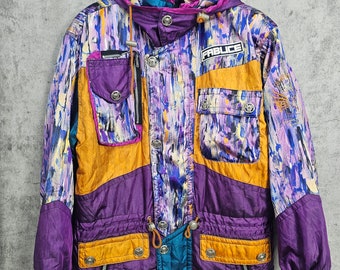 Chaqueta de esquí vintage FABLICE multicolor, chaqueta Fablice con bloques de color, ropa de esquí, chaqueta para exteriores, talla grande, diseño de arte abstracto J0003