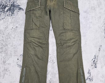 Pantalones tácticos de paracaídas de carga de la marca japonesa JACKROSE, multibolsillos, diseño bondage punk, botones de púas, color verde, talla 32x30, JB0347