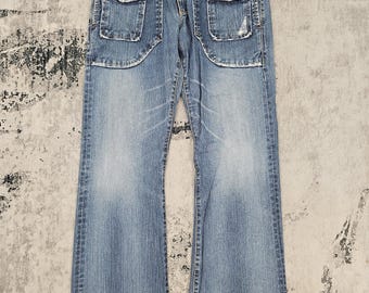 Vintage EDWIN Crazy Pocket Design-jeans Edwin Boot Cut Flare-jeans Edwin Bush Bootcut Vervaagde lichtblauwe jeans met meerdere zakken JB0243 Maat 34 x 33