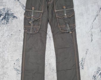 Vintage EDWIN 505 Khaki Taktiska Stridsbyxor Edwin 505 Militära Cargobyxor Edwin 505 Gröna Fallskärmsbyxor med Flerfickor Storlek 32x34 JB0178