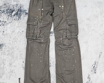 Pantaloni cargo tattici a quadri stile paracadute del marchio giapponese TECHNO, modello Techno Multi Pocket Bondage Punk Paint Splash, taglia 28x33 JB0300