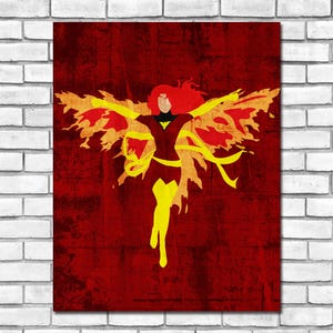 May include: A digital art print featuring a stylized illustration of the Phoenix, a superhero from the X-Men comics. The Phoenix is depicted in a fiery red and yellow color scheme, with wings outstretched and a determined expression.