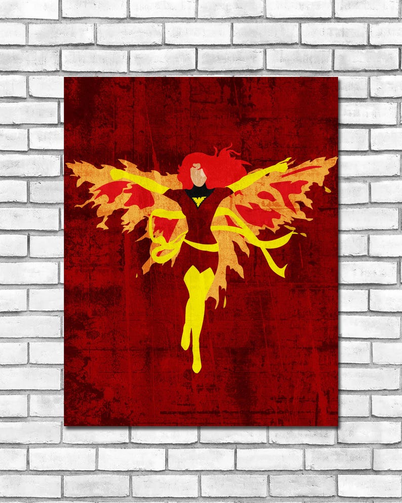 May include: A digital art print featuring a stylized illustration of the Phoenix, a superhero from the X-Men comics. The Phoenix is depicted in a fiery red and yellow color scheme, with wings outstretched and a determined expression.