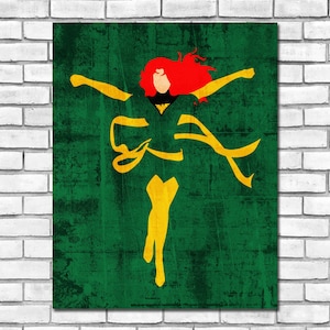May include: A digital art print featuring a stylized silhouette of a superhero in a yellow and green costume with red hair, flying against a green background with a distressed texture.
