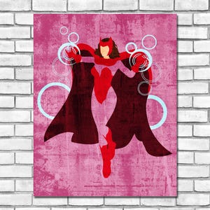May include: A digital illustration of Scarlet Witch, a superhero from Marvel Comics, in a red and black costume with a red cape. She is surrounded by blue circles and is holding out her hands, as if casting a spell. The background is a pink and white textured design.