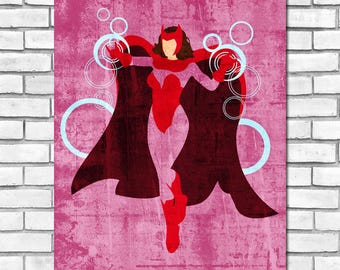 Könnte beinhalten: Eine digitale Illustration von Scarlet Witch, einer Superheldin aus Marvel Comics, in einem roten und schwarzen Kostüm mit einem roten Umhang. Sie ist von blauen Kreisen umgeben und hält ihre Hände ausgestreckt, als würde sie einen Zauber wirken. Der Hintergrund ist ein rosafarbenes und weißes, strukturiertes Design.