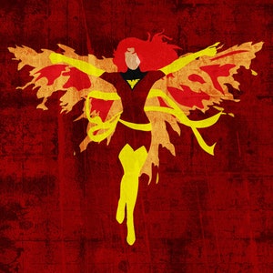 May include: A digital illustration of a superhero with red hair and a yellow and red costume. The superhero is surrounded by yellow and red flames. The background is a red textured surface with the text "JRLUNAART" in black at the bottom.