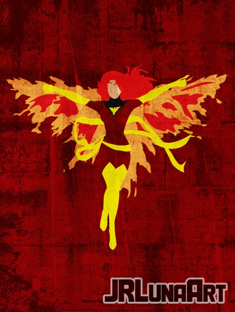 May include: A digital illustration of a superhero with red hair and a yellow and red costume. The superhero is surrounded by yellow and red flames. The background is a red textured surface with the text "JRLUNAART" in black at the bottom.