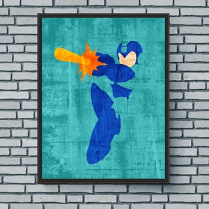 May include: A blue and orange digital art print of a video game character firing a laser beam. The character is in a fighting pose with a helmet on. The background is a blue and green grunge texture.