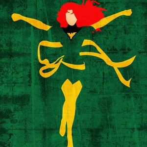 May include: A digital illustration of a superhero in a yellow and black costume with red hair, flying against a green background. The superhero is in a dynamic pose with arms outstretched. The text "JRLUNAART" is at the bottom of the image.