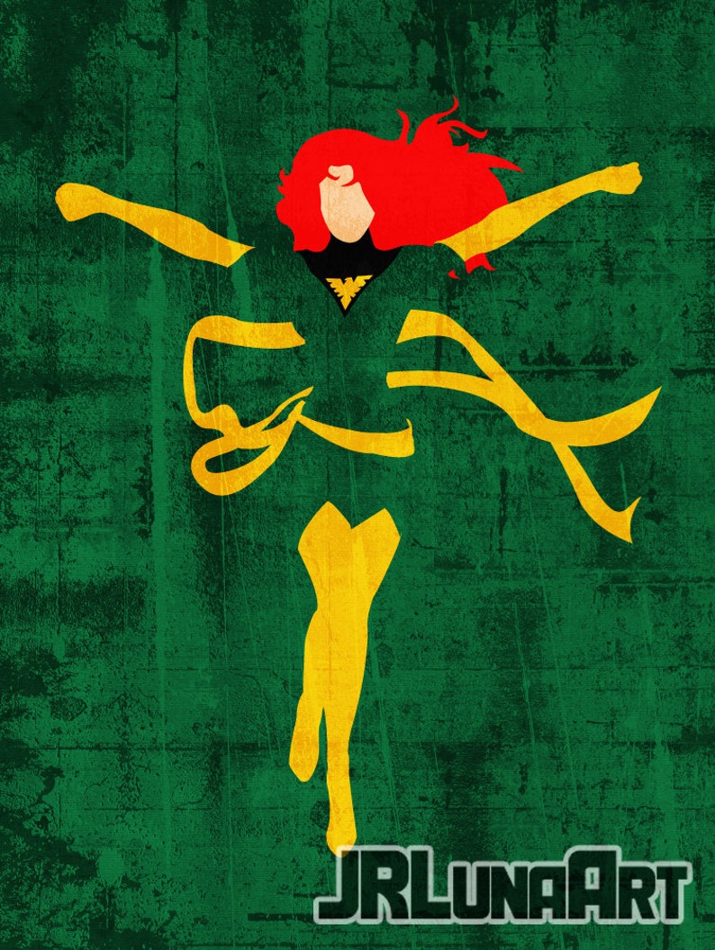 May include: A digital illustration of a superhero in a yellow and black costume with red hair, flying against a green background. The superhero is in a dynamic pose with arms outstretched. The text "JRLUNAART" is at the bottom of the image.